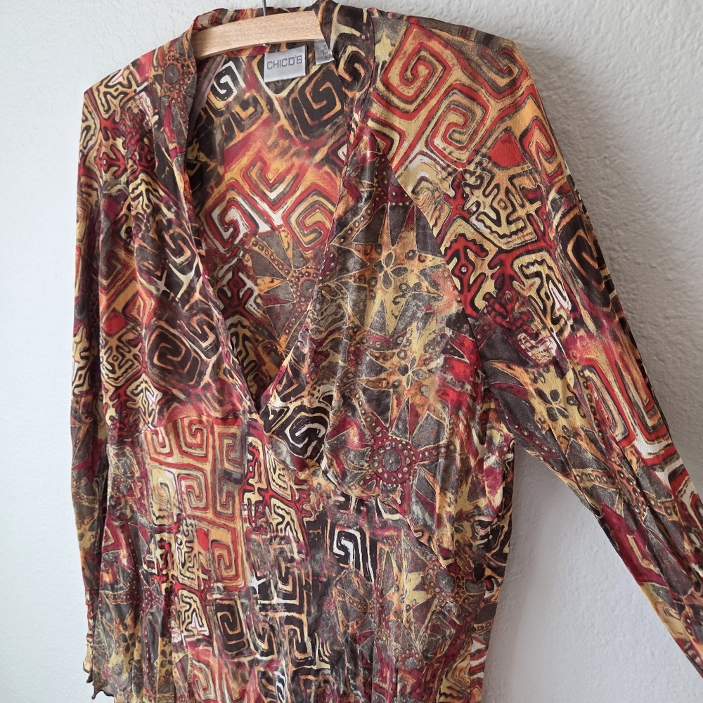 Chicos Silk Sheer Blouse Plus Size2 Sheer V-Neck Abstract Long Sleeve Top - Picture 6 of 14